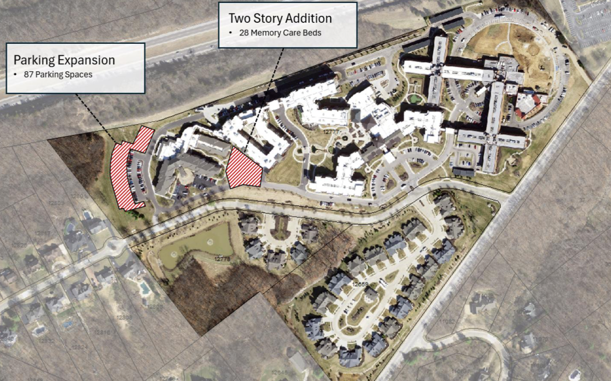 An aerial image from 2022 of the subject site with the proposed expasion. Rendering courtesy of the city of Sunset Hills.
